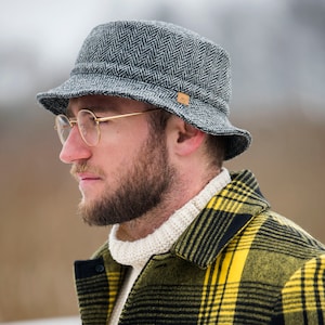GLEN der originelle und warme Bucket Hut aus Harris Tweed GRAU-SCHWARZ