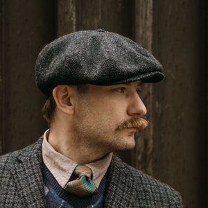 PEAKY Echte Harris Tweed Newsboy Mütze im Peaky Blinders Stil, 8-Panel Golfhut aus Wolle Schwarz-Grau