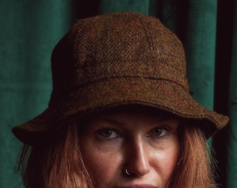 BUGGY Harris Tweed Bucket Hat Military M-37 Boonie Cap Green Yellow Herringbone Scottish Wool Handwoven Heritage Workwear Outdoor Fishing
