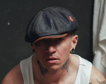 SHELBY Heavyweight Japanese Kuroki Denim Newsboy Cap 8 Panel Raw Indigo Jubilee Handmade Baker Boy Peaky Blinders Hat