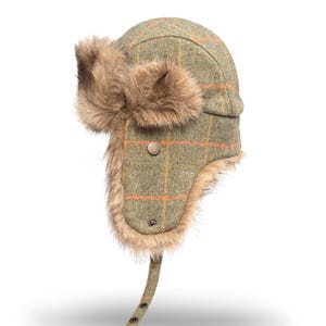 TRAPPER Donegal Tweed Winter Hat Wool Aviator Earflap Cap Ushanka Style Mens Women Cold Weather Headwear Magee Fabric GREEN RED Yellow Check