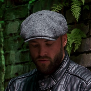 SHELBY Harris Tweed 8 Panel Newsboy Cap Baker Boy Hat Wool Gatsby Flat Cap Mens Vintage Gangster Classic Heritage Fall Style MID GRAY