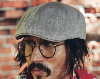 RUSTY Linen Duckbill Flat Cap 6 Panel Summer Hat Men Scally Cabbie Driving Irish Ivy Gatsby Baker Boy Breathable Taupe Herringbone