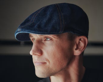 BUSTER Heavyweight Japanese Kuroki Denim Duckbill Flat Cap Mens Jubilee Handmade Scally Cabbie Peaky Washed Indigo