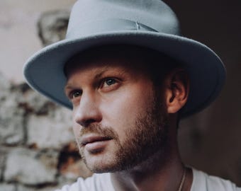 Cappello Fedora/Tesa larga in feltro di lana HOLDEN, elegante, pieghevole, stile gangster, stile anni '50, vintage, alla Bogart Sinatra, Trilby, azzurro.