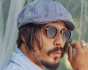 RUSTY Linen Duckbill Flat Cap 6 Panel Summer Hat Men Scally Cabbie Driving Irish Ivy Gatsby Baker Boy Breathable Light blue herringbone