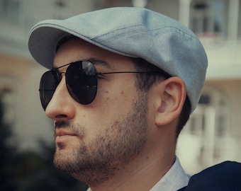 GECKO Monte Carlo Linen Flat Cap Half Panama Summer Hat Men Ivy Gatsby Anniversary Handmade Washed Blue Melange