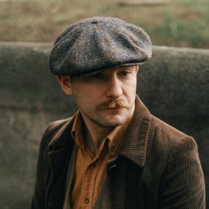 PEAKY Harris Tweed 8-Panel Schiebermütze Gatsby Newsboy Mütze Vintage Baker Boy Herren Woll Flatcap Retro Britischer Stil BRAUN-bLAU