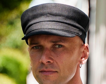 PIREUS Linen Breton Cap Fisherman Sailor Skipper Nautical Greek Captain Mariner Summer Hat Xl xxl Black - Ship from US