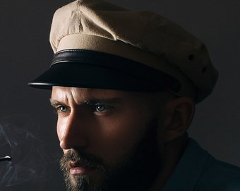 ELVIS - gorra retro rockabilly de algodón puro y cuero genuino - beige / marrón