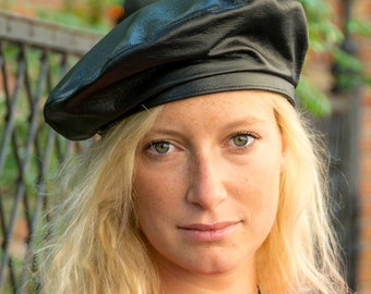 REBEL Leather Artist Bohemian Retro Beret French Style Military Army Boy Scout Reservist Autumn Sewn Skin Large Crown Beatnik Hat BLACK