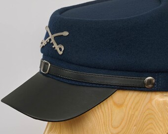 青とグレーのウール製ケピ帽 アメリカ南北戦争レプリカ レザーバイザー