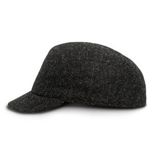 HUDSON Genuine Scottish Harris Tweed Pure Wool Earflap Winter Cap Herringbone Danish Patrol Baseball Trucker Ear Tab Military BLACK-GRAY