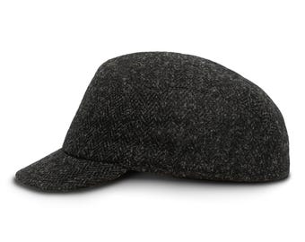 HUDSON Genuine Scottish Harris Tweed Pure Wool Earflap Winter Cap Herringbone Danish Patrol Baseball Trucker Ear Tab Military BLACK-GRAY