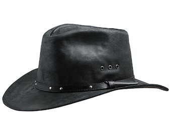 BUCKAROO Genuine Leather Western Cowboy Hat Outback Rodeo Old West Cattleman Rancher Cowman High Plains Drifter Wild West Horse Rider BLACK