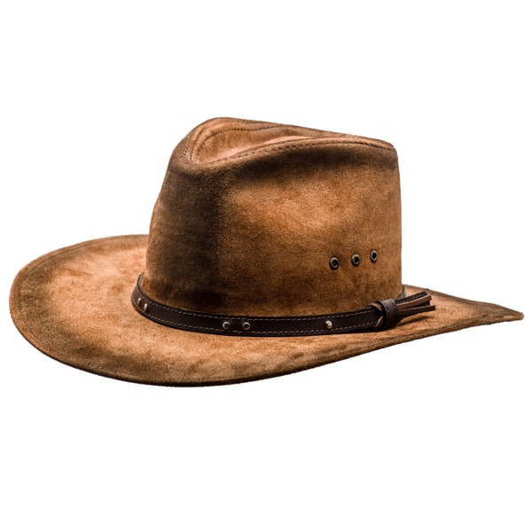 Chapeau de cowboy western BUCKAROO en cuir véritable Outback Rodeo Old West Cattleman éleveur Cowman High Plains Drifter Far West Équitation MARRON