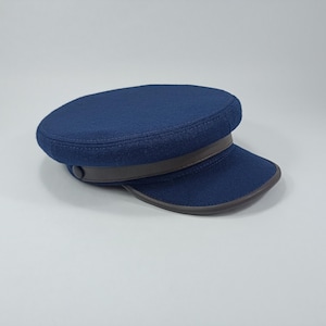 SALE-RINGO Wool-Crown Leather Strap Peaked Cap Cabbie Chauffeur Greek Fisherman Breton Captains Sailor Nautical Skipper Cabby BLUE-BRoWN