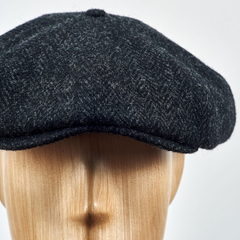 PEAKY Echte Schotse Harris Tweed 8 Panel Newsboy Baker Boy Cap Apple Bandit Grote Kroon Golf Hoed Gangster Wol ZWART-GRIJS afbeelding 10