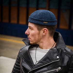 DOCKER Harris Tweed Beanie Cap Pure Scottish Wool Leon Stevedore Hat Sailor Trawler Military Winter Skull Dock Worker Classic BLUE - BLACK