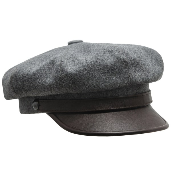 Wool Biker Cap Cloth Genuine Leather Visor Motorcycle Harley Riding Peaked Hat Duty Officer Retro GRAY-BROWN