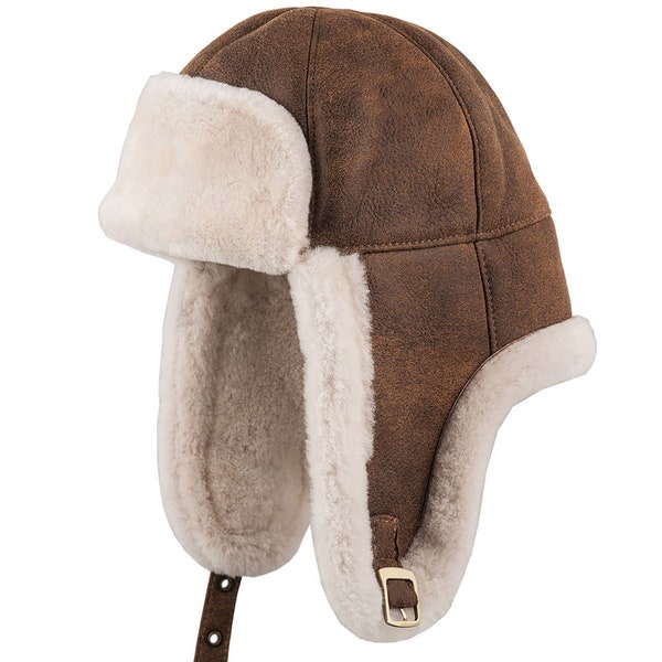 FARGO casquette de trappeur en peau de mouton retournée en cuir véritable aviateur Chapka pilote moto Steampunk Ushanka Trooper cache-oreilles Sherpa oreillettes chapeau marron