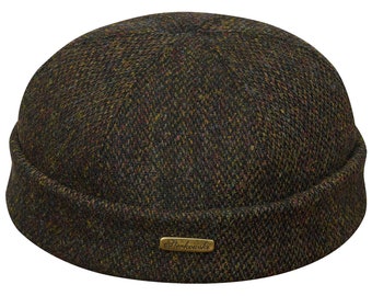 DOCKER Harris Tweed Beanie Cap Pure Genuine Scottish Wool Leon Stevedore Hat Sailor Trawler Military Winter Skull Mens Dock Hat BLACK-YELLOW