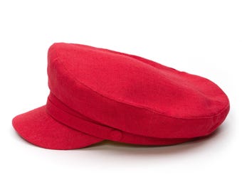 PIREUS Linen Fisherman Cap: Red Breton Sailor Hat, Summer Nautical Style Red - Ship from US