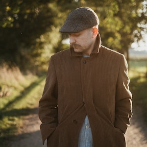 IVY FIVE Genuine Scottish Harris Tweed Pure Wool English 5 Panels Flat Cap Quilted Padded Lining Chequered Plaid Tartan Sixpence BROWN-bLUE