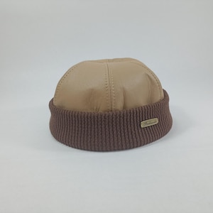 SALE!-NAVY WATCH 56cm Leather Dock Worker Beanie Stevedore Longshoreman Cap with Ribbing Sailor Military Docker Winter Sock BeIGE-BRoWN