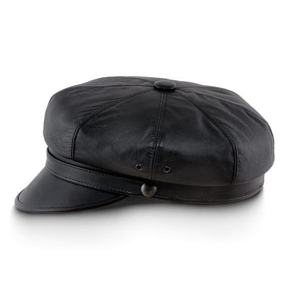 Black leather motorcycle  cap by Kokin. Vintage KOKIN New York 100% Wool and Black Leather Hat  main image 3