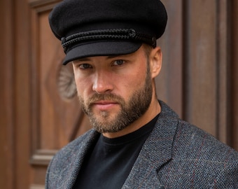 DANUBE MOD 3 Wool Cloth Traditional Polish Peaked Twine Cap Breton Greek Fisherman Captains Sailor Skipper Cabby Fiddler Hat BLACK