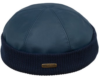 NAVY WATCH Leather Dock Worker Beanie Stevedore Longshoreman Cap with Ribbing Sailor Military Leon Docker Winter Sock Skull Skin Hat BLUE