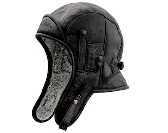 SALE - BARENTS 57cm size Shearling Leather Aviator Cap Pilot Motorcycle Genuine Warm Winter Lining Steampunk Trapper Chapka BLACK-gRAY
