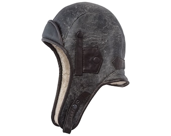 VENTE - BARENTS taille 56 cm en peau de mouton retournée casquette pilote de moto véritable doublure d'hiver chaud Chapka steampunk trappeur NOIR vieilli