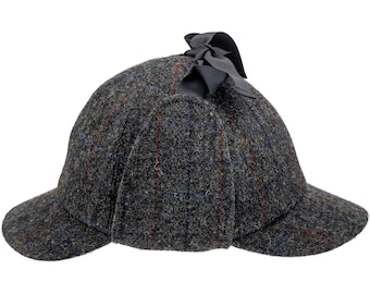 DEERSTALKER véritable casquette de pêcheur en tweed Harris écossais pure laine chasse trappeur chasseur de cerf 6 panneaux cache-oreilles à carreaux tartan chapeau à carreaux gris