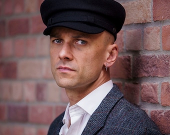 DANUBE MOD 2 Wool Cloth Traditional Polish Peaked Cap Fiddler Breton Greek Fisherman Cabman Taxi Driver Chimney-Sweep Man Hat BLACK