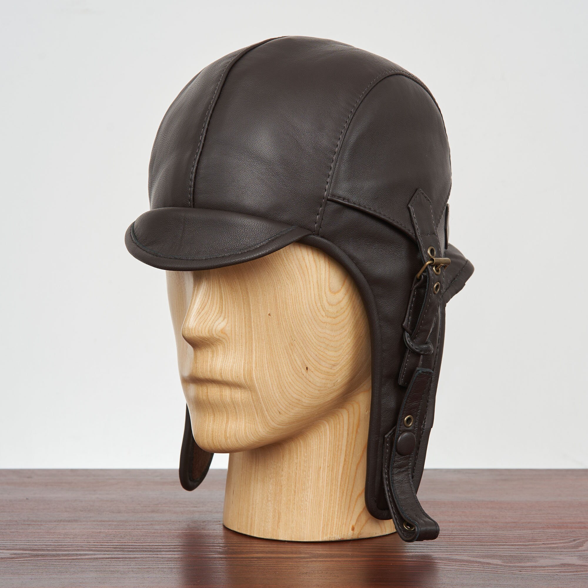 BERGEN Genuine Leather Aviator Cap Winter Pilot Hat With
