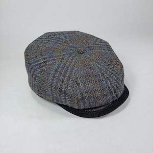 May include: A blue, brown and black patterned tweed newsboy cap with a black leather brim.