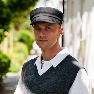 PIREUS Linen Greek Fisherman Breton Summer Linen Cap Sailor Captains Skipper Seaman Mariner Boatman Seafarer Yachtsman Trawler Peaked BLACK
