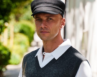 PIREUS Linen Greek Fisherman Breton Summer Linen Cap Sailor Captains Skipper Seaman Mariner Boatman Seafarer Yachtsman Trawler Peaked BLACK