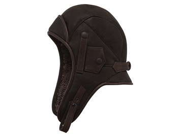 VENTE - BARENTS taille 56 cm en peau de mouton retournée casquette pilote moto véritable hiver chaud doublure Steampunk trappeur Chapka Ushanka MARRON