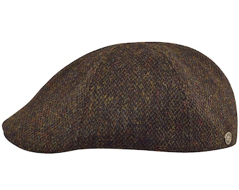 RUSTY Harris Tweed Duckbill Mens Flat Cap  Wool Cabby Driving Bicycle  Dai Duffer Joao's Crook Herring-Bone BLACK-YELLOW