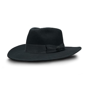CHICAGO Wool Felt Teardrop Fedora Top Wide Brim Gambler Hat Jazz Boho Mobster Gangster Crown Dressy Mens Trilby  BLACK