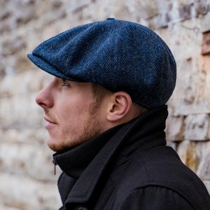 PEAKY Genuine Authentic Scottish Harris Tweed 8 Panel Newsboy Cap Traditional Apple Bandit Large Crown Golf Hat Gangster Wool BLUE - BLACK