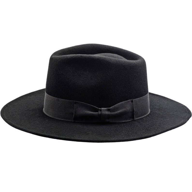 CHICAGO Wool Felt Teardrop Fedora Top Wide Brim Gambler Hat Jazz Vintage Boho Mobster Gangster Crown Dressy Mens Trilby Elwood Baldwin BLACK