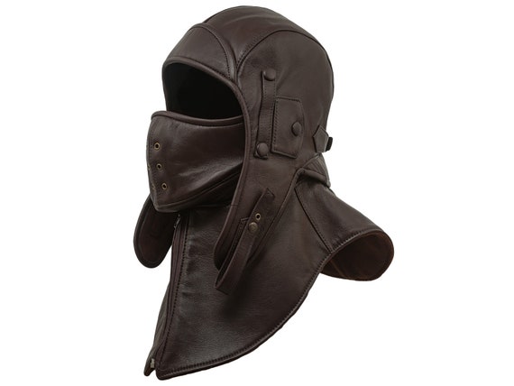 SIBERIA Genuine Leather Pilot Aviator Motorcycle Cap Polar Fleece Lining  Detachable Collar Mask Ushanka Trooper Earflap Hat BROWN 