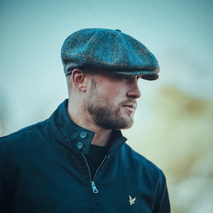 PEAKY Genuine Authentic Scottish Harris Tweed 8 Panel Newsboy Cap Traditional Apple Bandit Large Crown Golf Hat Gangster Wool BROWN-BLUE