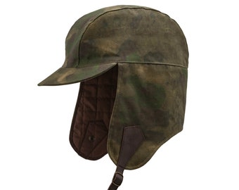 EXPEDITION Chapeau de trappeur en coton ciré avec languette d'oreille Casquette anti-tempête Camo Bomber Ushanka pour homme Aviateur pilote russe Hunter Sherpa VERT-BRUN