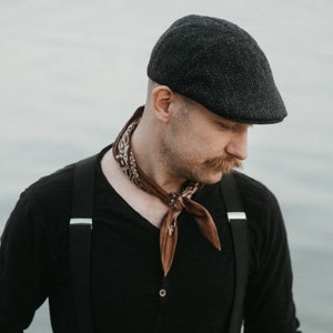 IVY FIVE Genuine Scottish Harris Tweed Pure Wool English 5 Panels Flat Cap Quilted Padded Lining Chequered Plaid Tartan Sixpence BLACK-gRAY