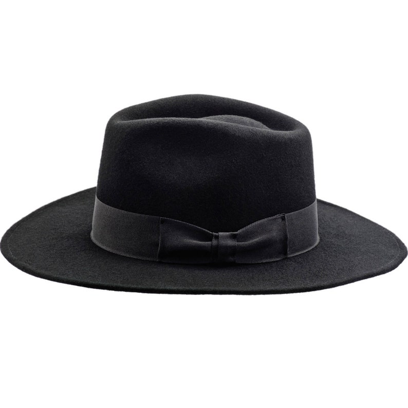 CHICAGO Wool Felt Teardrop Fedora Top Wide Brim Gambler Hat Jazz Vintage Boho Mobster Gangster Crown Dressy Mens Trilby Elwood Baldwin BLACK